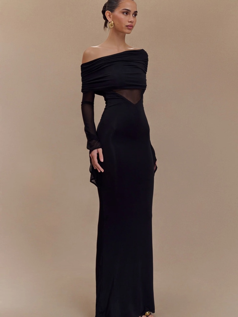 Meshki Kaitlin One Shoulder Slinky And Mesh Maxi Dress - Black
